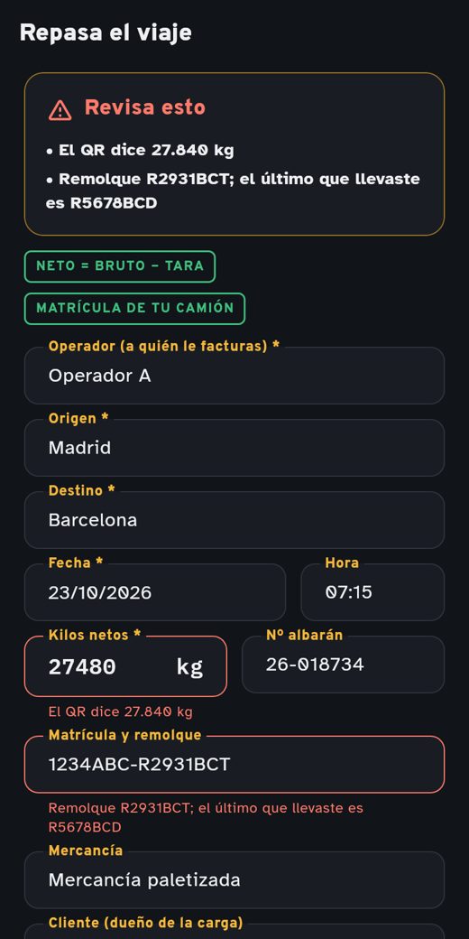 Pantalla de DeCabina para revisar los datos del albarán, con avisos de lo que no cuadra