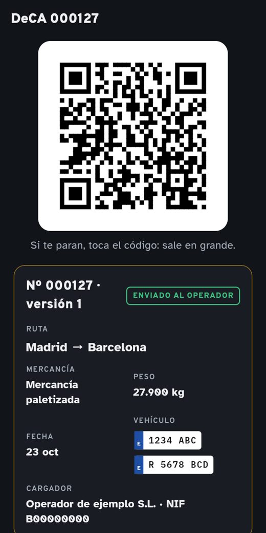 DeCA en el móvil con su código QR para enseñarlo en un control